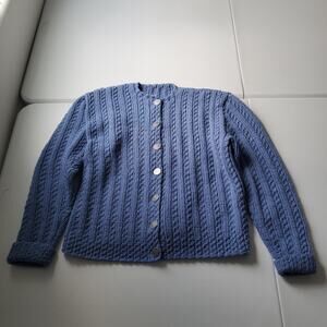 Wool Cable Knit Cardigan Sweater Womens Medium Blue Button Front Handknit